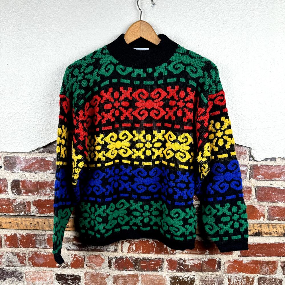 Vintage Justin Allen Sweater Size Small Multicolor Abstract Pattern Mockneck 80s